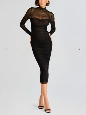 NWT SER.O.YA Trina Mesh Ruched Midi Dress - Black